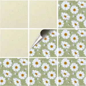 Set 25 Stickere decorative autoadezive pentru faianta sau perete, Model Chamomile, Dimensiuni 20 cm x 20 cm, Rezistente la uzura si apa, 1 m2