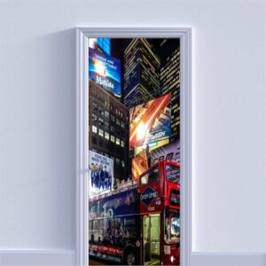 Autocolant pentru usa, Model Times Square, Dimensiuni 200 x 90 cm, Design Vibrant, Autoadeziv