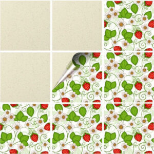 Set 100 Stickere decorative autoadezive pentru faianta sau perete, Model Strawberry Fields, Dimensiuni 15 cm x 15 cm, Rezistente la uzura si apa, 2,25 m2