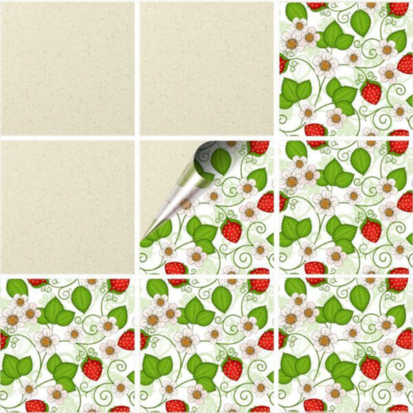 Set 100 Stickere decorative autoadezive pentru faianta sau perete, Model Strawberry Fields, Dimensiuni 25 cm x 25 cm, Rezistente la uzura si apa, 6,25 m2