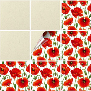 Set 100 Stickere decorative autoadezive pentru faianta sau perete, Model Poppies, Dimensiuni 15 cm x 15 cm, Rezistente la uzura si apa, 2,25 m2