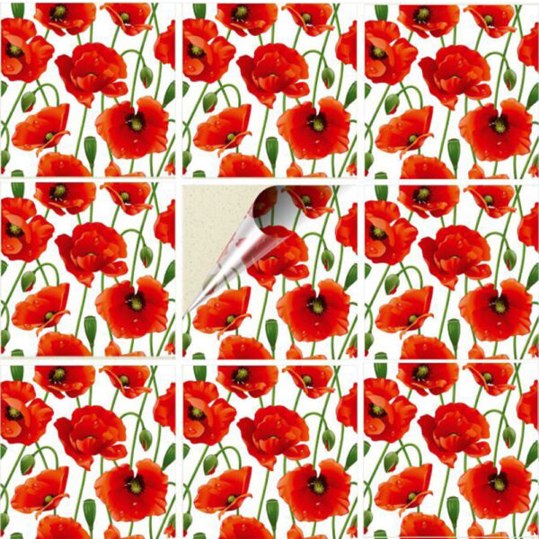 Set 100 Stickere decorative autoadezive pentru faianta sau perete, Model Poppies, Dimensiuni 15 cm x 15 cm, Rezistente la uzura si apa, 2,25 m2 - 2