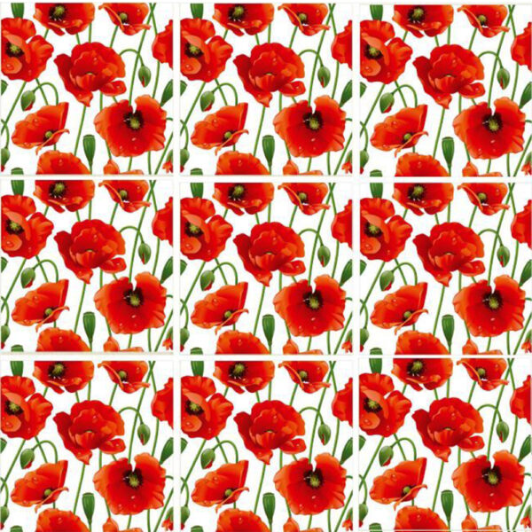 Set 100 Stickere decorative autoadezive pentru faianta sau perete, Model Poppies, Dimensiuni 15 cm x 15 cm, Rezistente la uzura si apa, 2,25 m2 - 3