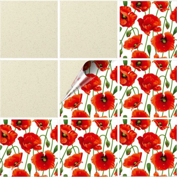 Set 100 Stickere decorative autoadezive pentru faianta sau perete, Model Poppies, Dimensiuni 20 cm x 20 cm, Rezistente la uzura si apa, 4 m2