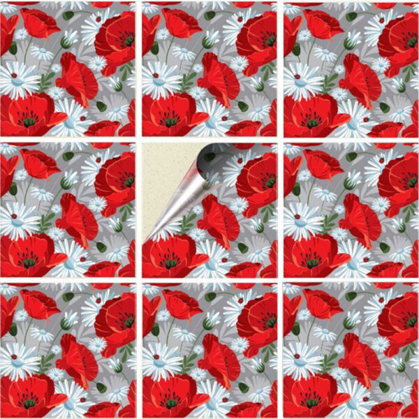 Set 100 Stickere decorative autoadezive pentru faianta sau perete, Model Poppy Field, Dimensiuni 15 cm x 15 cm, Rezistente la uzura si apa, 2,25 m2 - 2