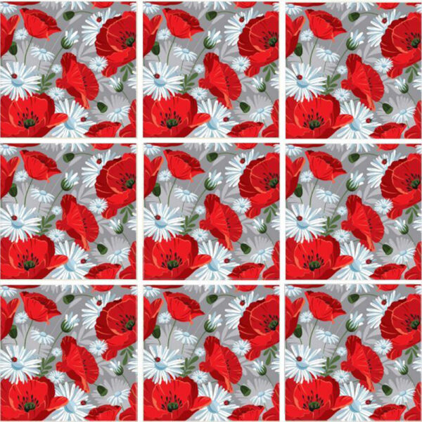 Set 100 Stickere decorative autoadezive pentru faianta sau perete, Model Poppy Field, Dimensiuni 15 cm x 15 cm, Rezistente la uzura si apa, 2,25 m2 - 3