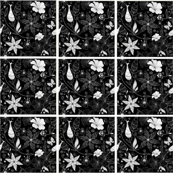 Set 25 Stickere decorative autoadezive pentru faianta sau perete, Model B&W Flowers, Dimensiuni 20 cm x 20 cm, Rezistente la uzura si apa, 1 m2 - 3