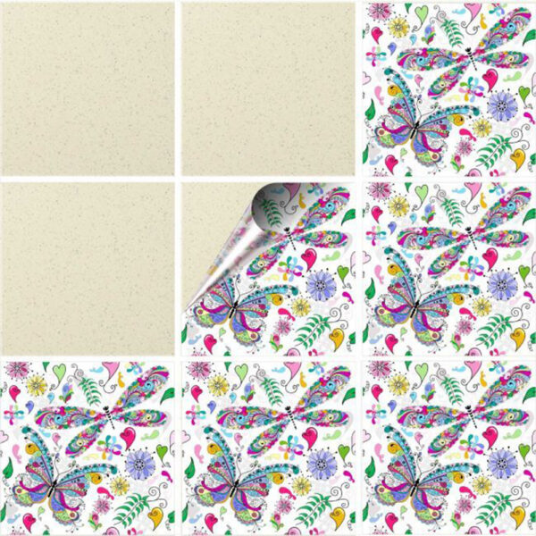 Set 16 Stickere decorative autoadezive pentru faianta sau perete, Model Psychedelic Butterfly, Dimensiuni 25 cm x 25 cm, Rezistente la uzura si apa, 1 m2