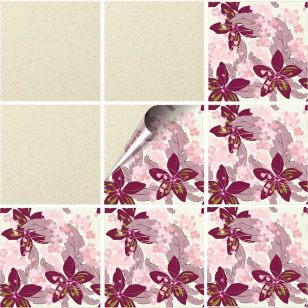 Set 100 Stickere decorative autoadezive pentru faianta sau perete, Model Pink Jasmine, Dimensiuni 15 cm x 15 cm, Rezistente la uzura si apa, 2,25 m2