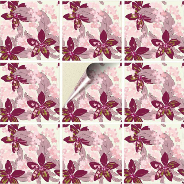 Set 100 Stickere decorative autoadezive pentru faianta sau perete, Model Pink Jasmine, Dimensiuni 25 cm x 25 cm, Rezistente la uzura si apa, 6,25 m2 - 2