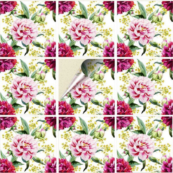 Set 100 Stickere decorative autoadezive pentru faianta sau perete, Model Peonies, Dimensiuni 15 cm x 15 cm, Rezistente la uzura si apa, 2,25 m2 - 2