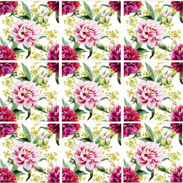 Set 100 Stickere decorative autoadezive pentru faianta sau perete, Model Peonies, Dimensiuni 15 cm x 15 cm, Rezistente la uzura si apa, 2,25 m2 - 3