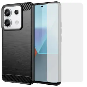 Set husa carbon cu folie compatibil cu Xiaomi Redmi Note 13 Pro 5G / Poco X6, Antisoc, Efect Cooling, Protectie 360, Negru