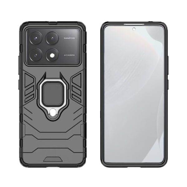 Set husa Comando Armor Ring cu folie de silicon compatibila cu Xiaomi Poco X6 Pro, Antisoc, Ultrarezistenta, Protectie 360, Inel Metalic Rotativ, Negru