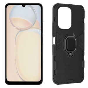 Set husa Comando Armor Ring cu folie de silicon compatibila cu Xiaomi Redmi 13C 5G, Antisoc, Ultrarezistenta, Protectie 360, Inel Metalic Rotativ, Negru