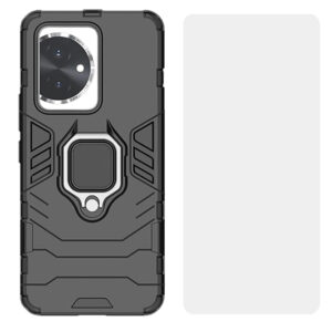 Set husa Comando Armor Ring cu folie de silicon compatibila cu Honor 100, Antisoc, Ultrarezistenta, Protectie 360, Inel Metalic Rotativ, Negru