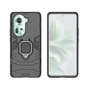 Set husa Comando Armor Ring cu folie de silicon compatibila cu Oppo Reno 11, Antisoc, Ultrarezistenta, Protectie 360, Inel Metalic Rotativ, Negru