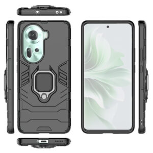 Set husa Comando Armor Ring cu folie de silicon compatibila cu Oppo Reno 11, Antisoc, Ultrarezistenta, Protectie 360, Inel Metalic Rotativ, Negru - 2