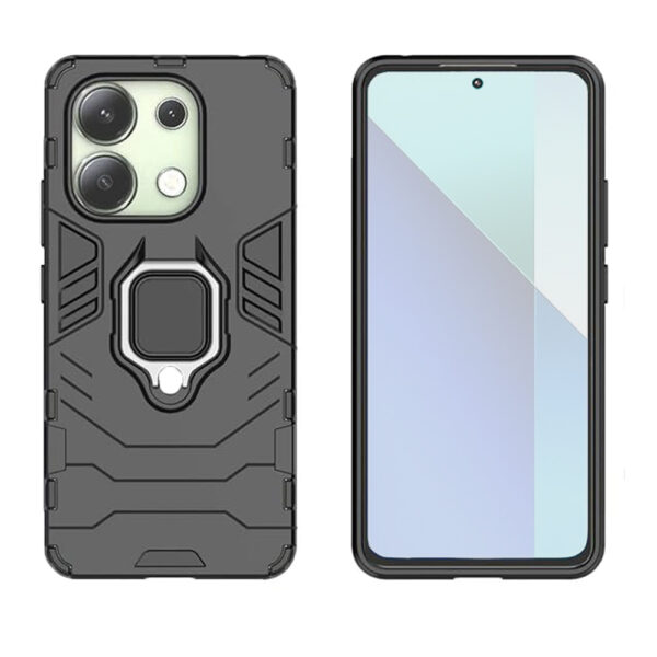 Set husa Comando Armor Ring cu folie de silicon compatibila cu Xiaomi Redmi Note 13 4G, Antisoc, Ultrarezistenta, Protectie 360, Inel Metalic Rotativ, Negru