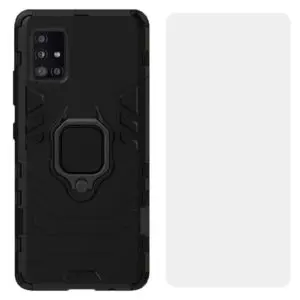 Set husa Comando Armor Ring cu folie de silicon compatibila cu Samsung Galaxy A51 4G, Antisoc, Ultrarezistenta, Protectie 360, Inel Metalic Rotativ, Negru