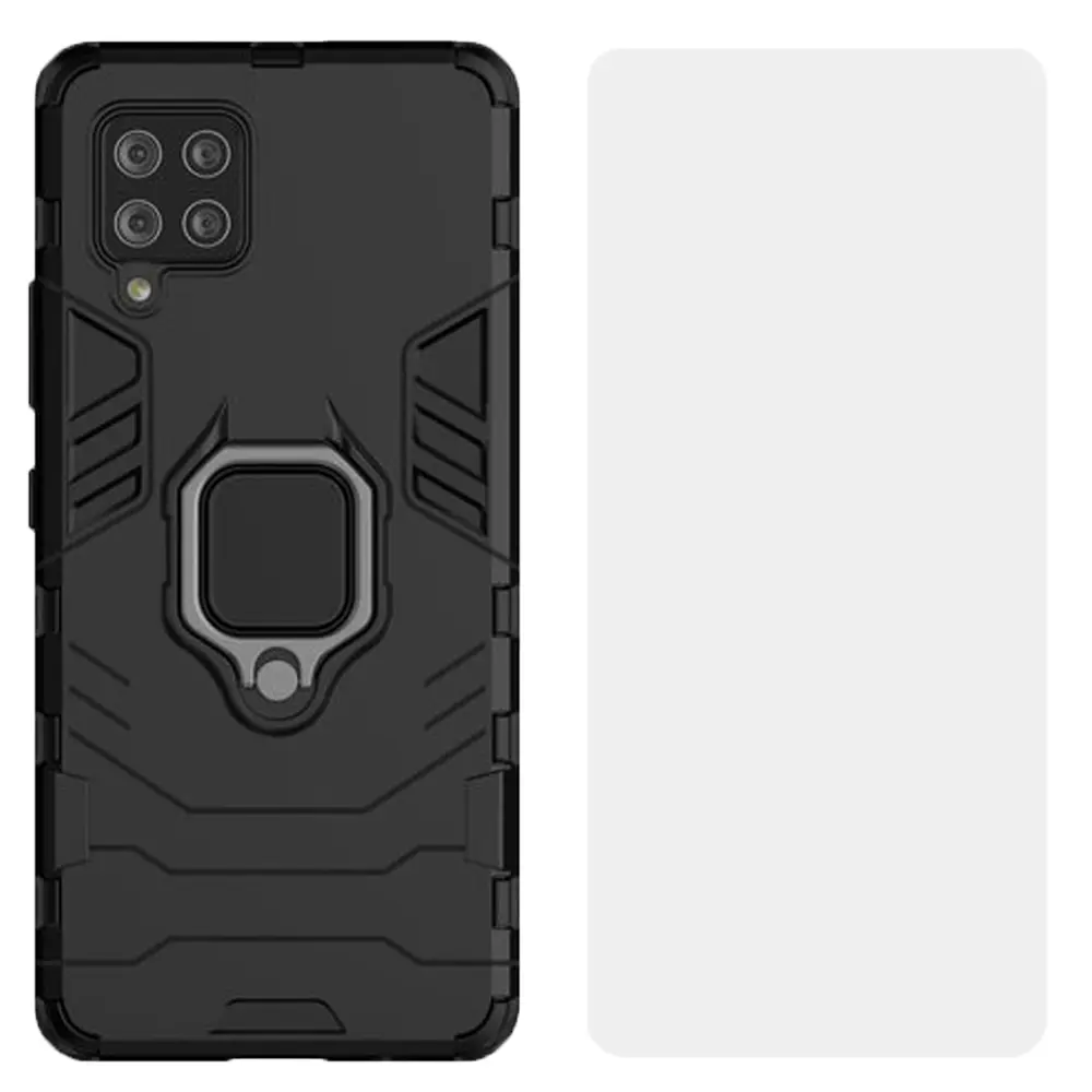 Set husa Comando Armor Ring cu folie de silicon compatibila cu Samsung Galaxy A42 5G, Antisoc, Ultrarezistenta, Protectie 360, Inel Metalic Rotativ, Negru