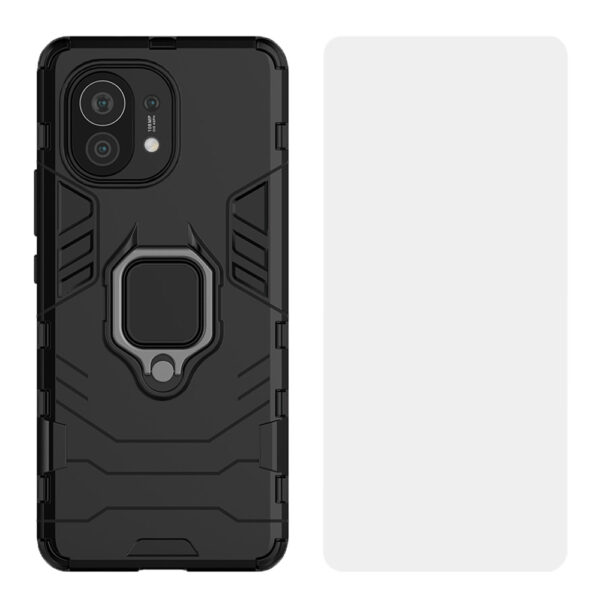 Set husa Comando Armor Ring cu folie de silicon compatibila cu Xiaomi Mi 11, Antisoc, Ultrarezistenta, Protectie 360, Inel Metalic Rotativ, Negru