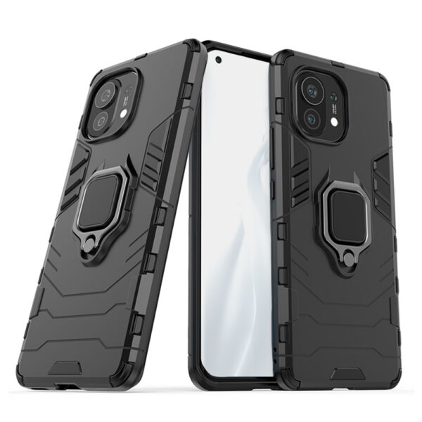 Set husa Comando Armor Ring cu folie de silicon compatibila cu Xiaomi Mi 11, Antisoc, Ultrarezistenta, Protectie 360, Inel Metalic Rotativ, Negru - 3