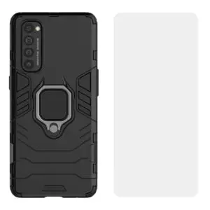 Set husa Comando Armor Ring cu folie de silicon compatibila cu Oppo Reno4 Pro 4G, Antisoc, Ultrarezistenta, Protectie 360, Inel Metalic Rotativ, Negru