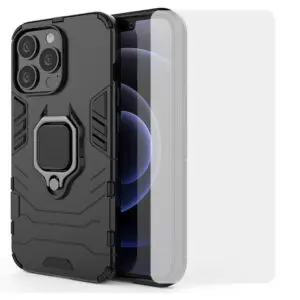 Set husa Comando Armor Ring cu folie de silicon compatibila cu Apple iPhone 13 Pro , Antisoc, Ultrarezistenta, Protectie 360, Inel Metalic Rotativ, Negru