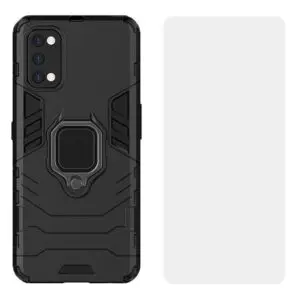 Set husa Comando Armor Ring cu folie de silicon compatibila cu Realme 7 Pro, Antisoc, Ultrarezistenta, Protectie 360, Inel Metalic Rotativ, Negru