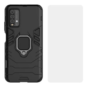 Set husa Comando Armor Ring cu folie de silicon compatibila cu Xiaomi Redmi 9T / Redmi 9 Power, Antisoc, Ultrarezistenta, Protectie 360, Inel Metalic Rotativ, Negru