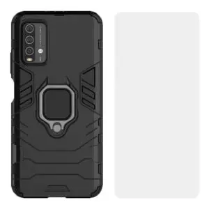 Set husa Comando Armor Ring cu folie de silicon compatibila cu Xiaomi Redmi 9T / Redmi 9 Power, Antisoc, Ultrarezistenta, Protectie 360, Inel Metalic Rotativ, Negru