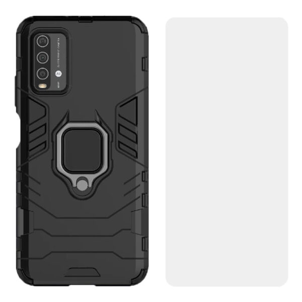 Set husa Comando Armor Ring cu folie de silicon compatibila cu Xiaomi Redmi 9T / Redmi 9 Power, Antisoc, Ultrarezistenta, Protectie 360, Inel Metalic Rotativ, Negru