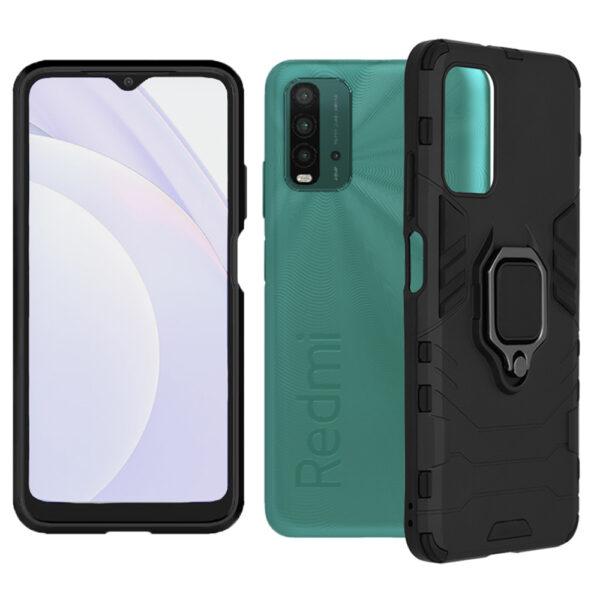 Set husa Comando Armor Ring cu folie de silicon compatibila cu Xiaomi Redmi 9T / Redmi 9 Power, Antisoc, Ultrarezistenta, Protectie 360, Inel Metalic Rotativ, Negru - 4