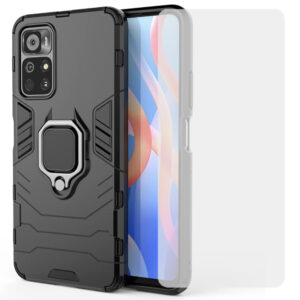 Set husa Comando Armor Ring cu folie de silicon compatibila cu Xiaomi Poco M4 Pro 5G, Antisoc, Ultrarezistenta, Protectie 360, Inel Metalic Rotativ, Negru