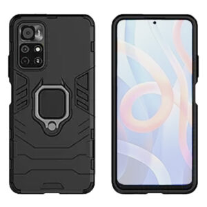 Set husa Comando Armor Ring cu folie de silicon compatibila cu Xiaomi Poco M4 Pro 5G, Antisoc, Ultrarezistenta, Protectie 360, Inel Metalic Rotativ, Negru - 2