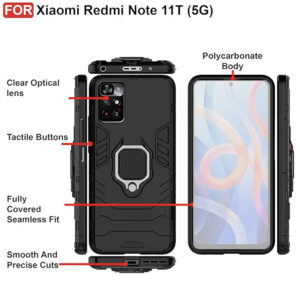 Set husa Comando Armor Ring cu folie de silicon compatibila cu Xiaomi Redmi Note 11 Pro+ 5G, Antisoc, Ultrarezistenta, Protectie 360, Inel Metalic Rotativ, Negru - 3