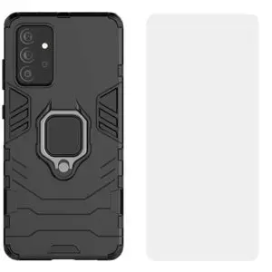 Set husa Comando Armor Ring cu folie de silicon compatibila cu Samsung Galaxy A73 5G, Antisoc, Ultrarezistenta, Protectie 360, Inel Metalic Rotativ, Negru