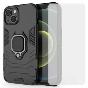 Set husa Comando Armor Ring cu folie de silicon compatibila cu Apple iPhone 14, Antisoc, Ultrarezistenta, Protectie 360, Inel Metalic Rotativ, Negru