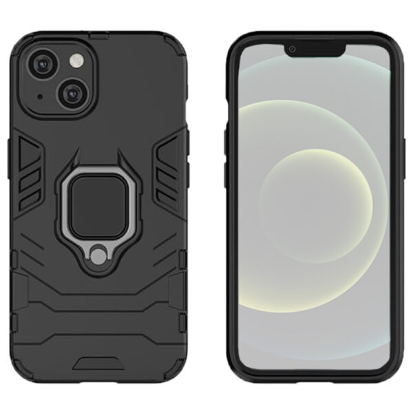 Set husa Comando Armor Ring cu folie de silicon compatibila cu Apple iPhone 14, Antisoc, Ultrarezistenta, Protectie 360, Inel Metalic Rotativ, Negru - 2