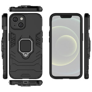 Set husa Comando Armor Ring cu folie de silicon compatibila cu Apple iPhone 14, Antisoc, Ultrarezistenta, Protectie 360, Inel Metalic Rotativ, Negru - 3