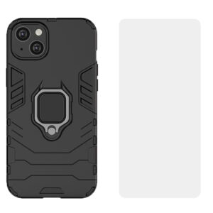 Set husa Comando Armor Ring cu folie de silicon compatibila cu Apple iPhone 14 Plus, Antisoc, Ultrarezistenta, Protectie 360, Inel Metalic Rotativ, Negru