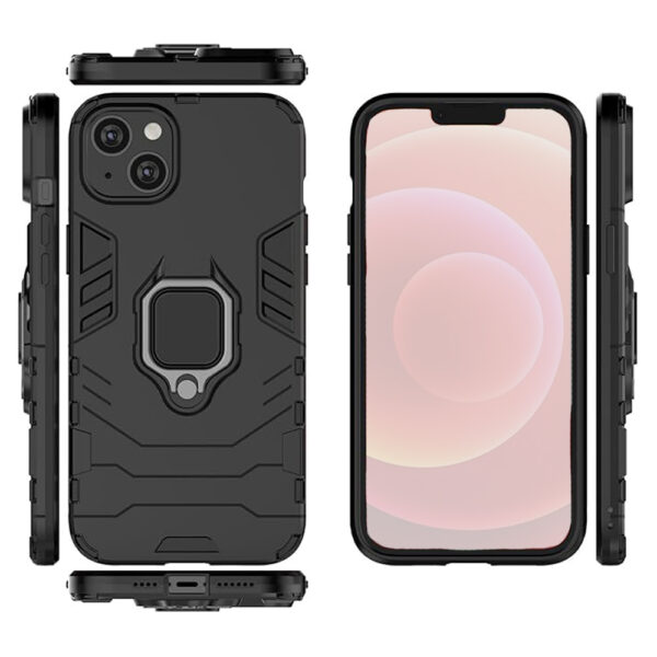 Set husa Comando Armor Ring cu folie de silicon compatibila cu Apple iPhone 14 Plus, Antisoc, Ultrarezistenta, Protectie 360, Inel Metalic Rotativ, Negru - 3