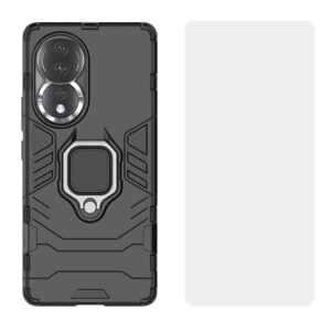 Set husa Comando Armor Ring cu folie de silicon compatibila cu Honor 80, Antisoc, Ultrarezistenta, Protectie 360, Inel Metalic Rotativ, Negru