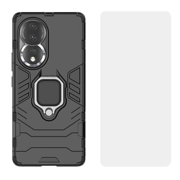 Set husa Comando Armor Ring cu folie de silicon compatibila cu Honor 80, Antisoc, Ultrarezistenta, Protectie 360, Inel Metalic Rotativ, Negru