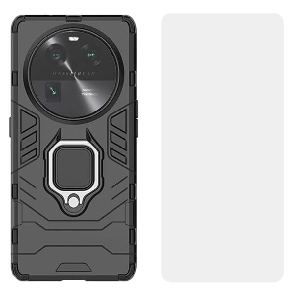 Set husa Comando Armor Ring cu folie de silicon compatibila cu Oppo Find X6, Antisoc, Ultrarezistenta, Protectie 360, Inel Metalic Rotativ, Negru