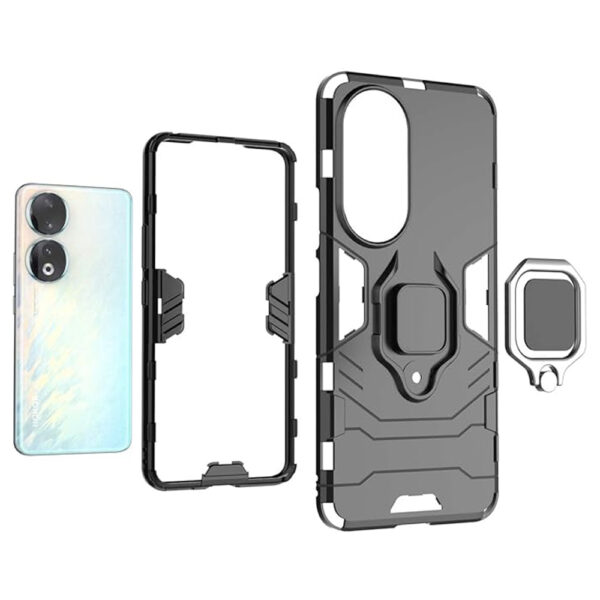 Set husa Comando Armor Ring cu folie de silicon compatibila cu Honor 90, Antisoc, Ultrarezistenta, Protectie 360, Inel Metalic Rotativ, Negru - 6