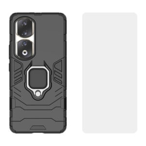 Set husa Comando Armor Ring cu folie de silicon compatibila cu Honor 90 Pro, Antisoc, Ultrarezistenta, Protectie 360, Inel Metalic Rotativ, Negru