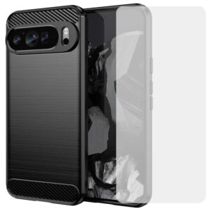 Set husa carbon cu folie compatibil cu Google Pixel 9, Antisoc, Efect Cooling, Protectie 360, Negru