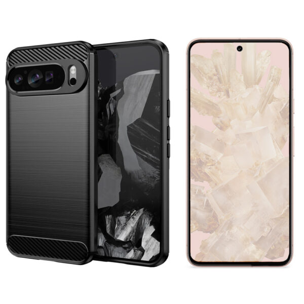 Set husa carbon cu folie compatibil cu Google Pixel 9, Antisoc, Efect Cooling, Protectie 360, Negru - 2